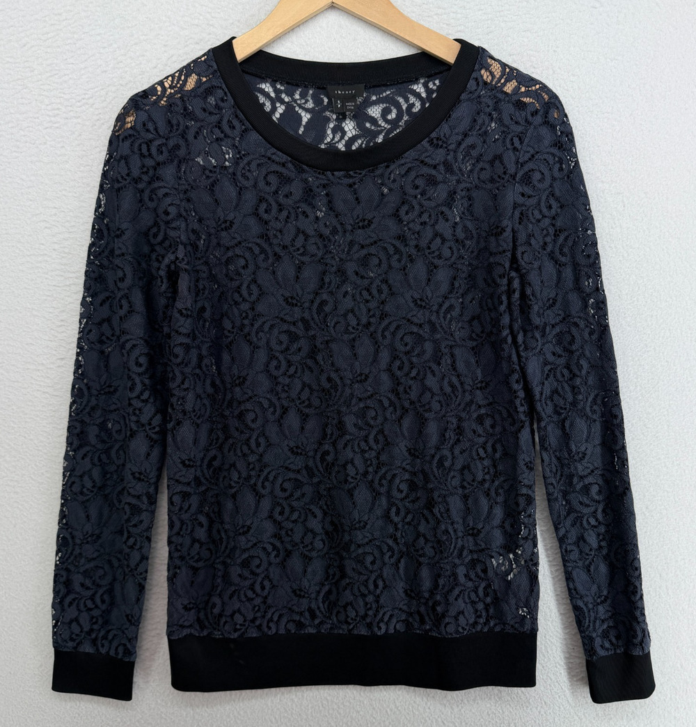 THEORY Top Womens S Jaidyn Sheer Floral Lace Long Sleeve Pullover Black